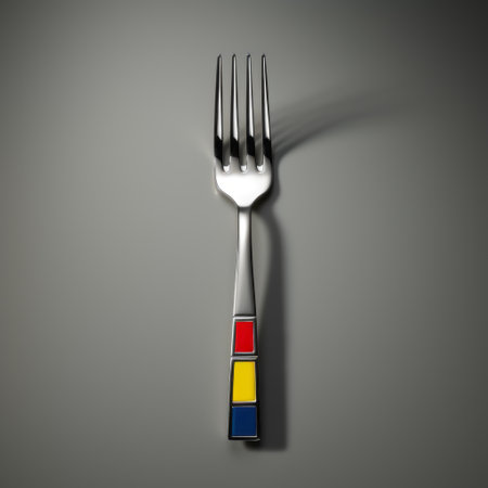 a fork with a vibrant red, yellow, and blue pattern, showcasing a realistic lifelike accuracy. this stunning piece, created using maya software, embodies the de stijl art movement with its precise nautical details. the fork's gray, chrome-plated finish adds a touch of elegance, making it a unique and eye-catching addition to any table setting. ai generatedの素材