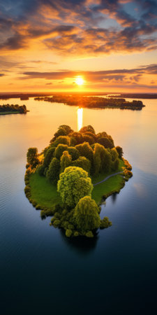 an island with a grassy area in the water at sunset, showcasing the mesmerizing optical illusions of the danish golden age style. this birds-eye-view national geographic photo captures the vibrant and bold english countryside, as sunrays shine upon the island, creating a captivating scene. ai generatedの素材