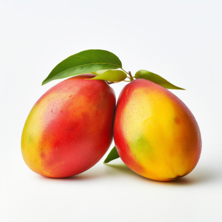 two vibrant mangoes with green leaves are showcased on a white background. the artwork is inspired by the style of edogawa ranpo, featuring light red and light aquamarine colors. the smooth lines and lively hues in dark pink and amber add a touch of vibrancy. this artwork is reminiscent of the artistic styles of mars ravelo and kimoicore. ai generatedの素材
