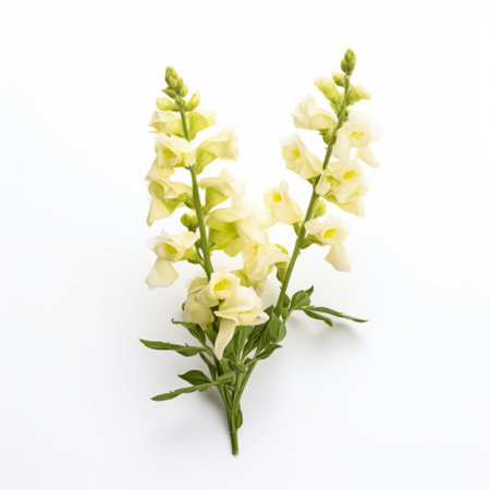 two white flowers, reminiscent of the style of sofonisba anguissola, stand on a white countertop. the white background enhances the frequent use of yellow, creating a vibrant contrast. the composition, inspired by horia bernea, features an unusual cropping that adds intrigue. the influence of jack gaughan is evident in the delicate depiction of bone-like textures. ai generatedの素材