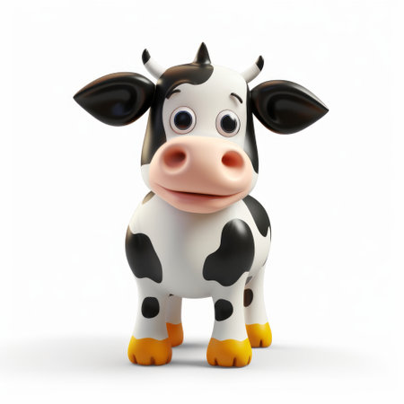 a cute cartoon cow, in the style of john wilhelm, is depicted on a white background. this rubber-made cow showcases high-definition details and is available under the creative commons attribution license. created by david nordahl, the cow exhibits a realist lifelike accuracy with a shiny appearance. ai generatedの素材