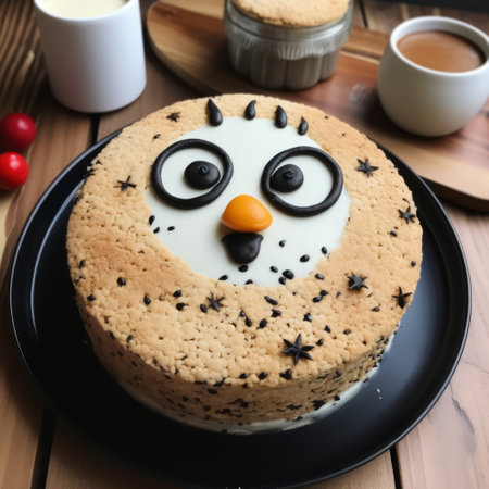 a cake shaped like an owl sits on a table, adorned with intricate decorations. inspired by the style of the nikon d850 camera, the cake features a combination of light beige and black colors. circular shapes and anime-inspired characters give it a unique charm, reminiscent of chinapunk aesthetics. the expressive facial animation adds a touch of liveliness to the cake, with a color palette ofの素材