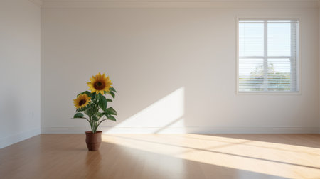 a yellow potted sunflower stands in the middle of a room, showcasing the vibrant colors and intricate details. the image is rendered using vray tracing, with high-key lighting that enhances the sunflower's beauty. this uhd image captures the essence of simplicity, with an empty space surrounding the sunflower. the style is reminiscent of john sloane's artwork, creating a stunning and visually appealing simplistic cartoon. aiの素材