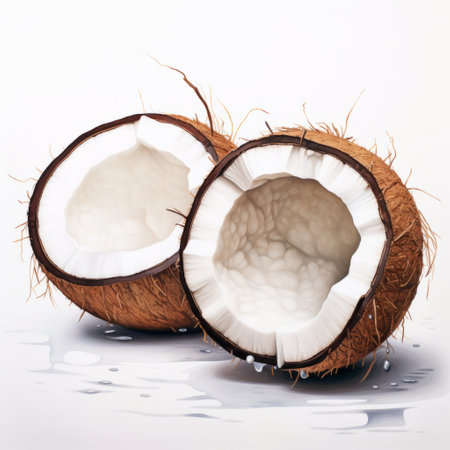 a coconut slice, revealing its inner texture and water droplets, showcased in a realistic and hyper-detailed rendering. this detailed still life captures the energy-filled essence of the coconut, presented against a clean white background. the colorized and calculated composition is available under the creative commons attribution license. ai generatedの素材