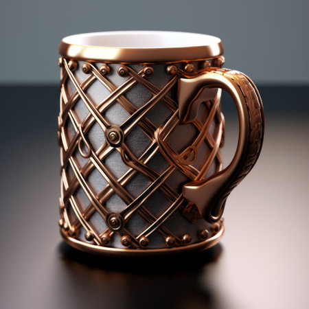 the brown mug features a captivating iron pattern, inspired by the artistic styles of zbrush, infinity nets, crystalcore, and the gilded age. this meticulously designed mug showcases a grid-based motif, making it a true contest winner in terms of its unique and eye-catching design. ai generatedの素材