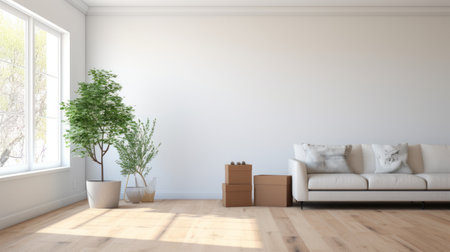 modern living room with white walls, wooden floor, and wooden window. the interior is styled with cardboard, light gray, and light bronze elements, creating a minimalist and nature-inspired atmosphere. the staging is anti-clutter and features recycled materials, showcasing minimalist designs. this high-quality photo is available in 32k uhd resolution. ai generatedの素材