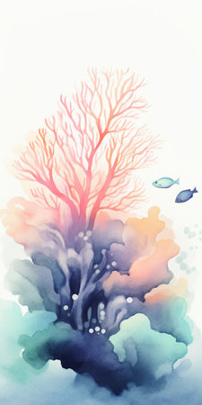a photo of a watercolor painting by settis les re fille, featuring marine biology-inspired elements. the painting showcases a combination of light red and dark azure colors, with ethereal trees and decorative backgrounds. the use of a watercolor technique creates a naturalistic shadow effect, while the flat backgrounds add a unique touch to the overall composition. ai generatedの素材