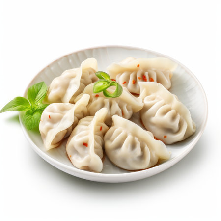 chinese chow mein and chicken dumplings are beautifully presented on a white plate against a soft, misty background. the style of the photo is reminiscent of realistic landscapes with rounded, soft edges. the colors used, such as light silver and light red, create a highly realistic and visually appealing image. the photo has been digitally enhanced to enhance its overall aesthetic. ai generatedの素材