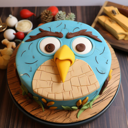 a little bird cake with a strong facial expression, featuring a combination of light brown and dark azure colors. the cake is adorned with colorful woodcarvings, showcasing dynamic and exaggerated facial expressions. created using unreal engine 5, this unique creation merges natural and man-made elements, with hints of dark yellow and light green. ai generatedの素材