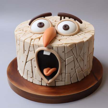 animal cake with dynamic and exaggerated facial expressions, adorned with fake eyeballs. the cake design draws inspiration from wood veneer mosaics, disney animation, and naturalistic bird portraits. the color palette features light beige and gray tones, while the intricate details are achieved using zbrush. the cake is further enhanced with striated resin veins for a unique and eye-catching look. ai generatedの素材