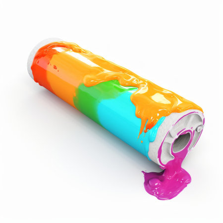 a bottle filled with black water sits below a vibrant rainbow-colored slit, reminiscent of the zbrush style. the orange and magenta hues are applied in a loose, messy manner, creating a candycore effect. against a white background, this artwork offers a unique blend of colors and textures, while also serving as a political commentary. ai generatedの素材