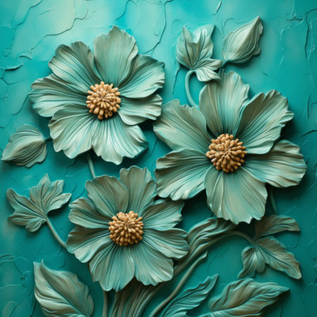 three hyper-realistic flowers with leaves are beautifully painted on a blue concrete wall. the artwork, created in the style of miki asai, features dark turquoise and light turquoise hues. the relief sculpture showcases the intricate details and multi-layered compositions, reminiscent of the faience technique. this stunning piece of art pays homage to the artistic style of oleksandr bogomazov. ai generatedの素材