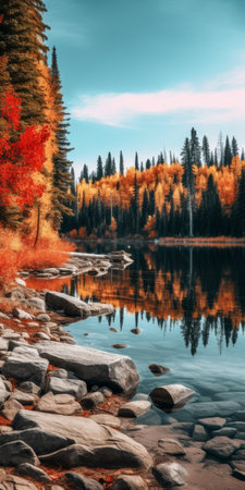 autumn leaves in dark orange and dark aquamarine hues create a captivating scene on water and trees. this uhd image captures the essence of whistlerian landscapes, with nature-inspired imagery and a bold, vibrant color palette. ai generatedの素材