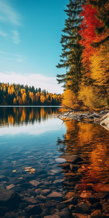 autumn scenery around the lake reflecting leaf colors in dark turquoise and light amber. this 32k uhd photo captures a golden palette, showcasing the artistic style of leszek bujnowski and the cross processing technique. the image portrays lively nature scenes, evoking a sense of reverence and tranquility. ai generatedの素材