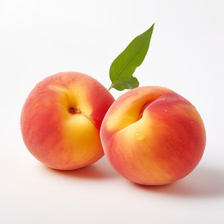 a peach, captured in a white background, showcases a stereoscopic photography style with a touch of hazy romanticism. the raw and confrontational figures are enhanced by delicate markings, high-key lighting, and bold coloration. ai generatedの素材