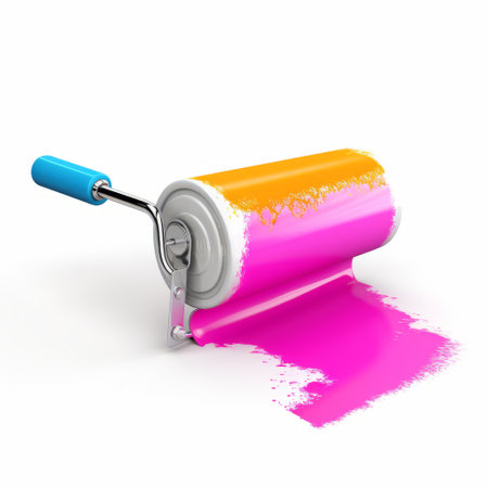 a painted roller with bright pink and yellow paint, showcasing a hyperrealistic rendering style. the layered colors create a visually striking effect. this artwork, created by mike campau, is available under the creative commons attribution license. the roller's vibrant colors and precision painting technique make it a captivating piece. the use of holotone printing adds an extra dimension to the overall composition. ai generatedの素材