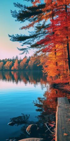 a stunning autumn landscape featuring a picturesque lake surrounded by vibrant trees and a dock. the photo showcases a mesmerizing blend of orange and cyan hues, reminiscent of psychedelic color schemes. shot with kodak plus-x film, the image captures the rich tones of dark pink and light amber. the scene is further enhanced by colorful woodcarvings, while the high-resolution 8k quality brings out the vividnessの素材