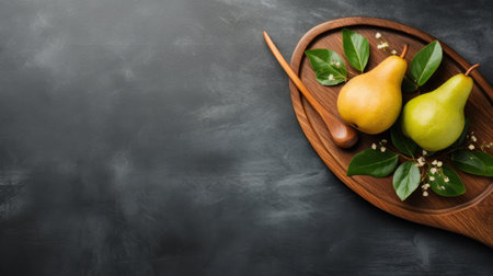 three pears, arranged on a wooden board, stand out against a dark background. the composition showcases a blend of natural and man-made elements, with a combination of dark gray and yellow tones. the use of bentwood and organic shapes, along with curved lines, creates an extravagant table setting. this artistic arrangement incorporates traditional japanese techniques, resulting in a visually striking image. ai generatedの素材