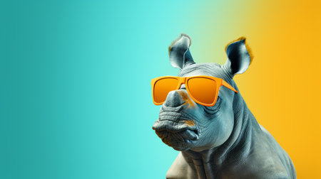 a rhino wearing sunglasses stands out against a vibrant blue and green background in this surrealistic hd photography stock photo. the yellow and orange hues add an edgy touch to the composition, while the zbrush technique brings inventive character designs to life. this close-up shot offers an innovative and thought-provoking piece of political commentary. ai generatedの素材