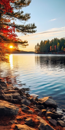 sunrise at the lake with rocks near a tree, featuring bold lines and vivid colors. the light emerald and orange hues blend with light crimson and amber tones. sunrays shine upon the scene, creating a reverent and tranquil atmosphere. this image captures the essence of cottagepunk style, reminiscent of the works of matti suuronen. ai generatedの素材