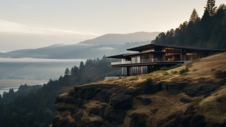 a majestic house nestled in a lush forest, offering breathtaking views of the mountains. inspired by the renowned photographer michael shainblum, this contemporary glass house boasts texture-rich layers and minimalist sets. with its sweeping seascapes and richly layered design, this 8k masterpiece is a true testament to modern architecture. ai generatedの素材