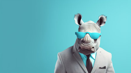 a rhinoceros wearing a suit jacket stands out in this futuristic vision. the light cyan hue adds a touch of uniqueness to the stereotype photography. against a matte background, this chilling creature captivates with its presence. shot on cinestill 50d, this image showcases the intriguing world of unique characters. ai generatedの素材
