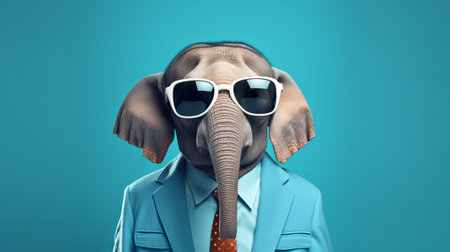 an elephant wearing a suit and a bright blue hat stands in front of the screen. this photorealistic portrait, inspired by the style of mike campau, features warmcore colors of teal and beige. the image has a groovy and humorous tone, reminiscent of franoise basset's artwork. ai generatedの素材