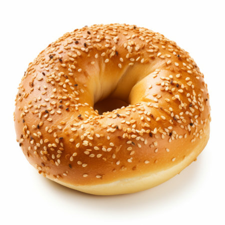 a bagel, inspired by the artistic styles of emek golan, irving penn, and alfred augustus glendening, is showcased on a clean white background. this photograph captures the bagel's realist lifelike accuracy with soft focal points and whiplash curves, creating a visually captivating image. ai generatedの素材