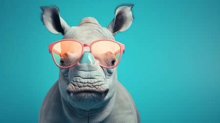rhinos wearing sunglasses in the style of synthetist innovator, against a blue background. the photo features a color splash effect and is captured in 8k resolution. the cross processing technique adds a unique touch to the distinctive character design of the rhinos. the close-up shot showcases the naturalist beauty of these magnificent creatures. ai generatedの素材