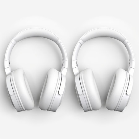 white smart wireless headphones with a realistic and detailed rendering. the muted and minimalist compositions enhance the overall aesthetic. the digitally enhanced image showcases symmetry and repetition, with a close-up view. these scoutcore headphones are designed in a two-dimensional style. ai generatedの素材