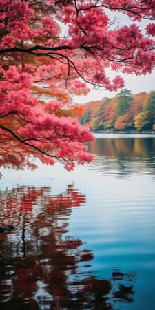 a stunning japanese-inspired image of a large red cherry tree in a park near a serene lake. the vibrant colors of light orange and magenta create a bold and captivating scene. the calm waters reflect the tree's beauty, while the bold lines and saturated pigment pools add to the overall japanese inspiration of the photo. ai generatedの素材