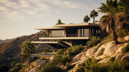a stunning mansion perched on a hillside, surrounded by a palm tree, showcases the beauty of vray tracing and brutalist architectural style. the dark amber and indigo tones add a touch of elegance to this 32k uhd image. with its sculptural architecture and breathtaking coastal views, this california plein air scene is a true masterpiece. ai generatedの素材