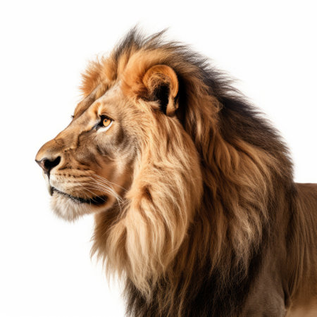 a majestic lion, captured in a close-up intensity, stands proudly in this image by akos major. the lion is isolated on a white background, allowing its smooth and shiny coat to shine. with an 8k resolution, this artwork by stephen shortridge resembles the majestic elephants depicted by reuben nakian. ai generatedの素材