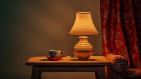 a lamp on a table with open curtains, showcasing a realistic still life with dramatic lighting. the photo captures the essence of rural china, with a color palette of light orange and light maroon. the image is enhanced using photo-realistic techniques, highlighting the quirky pottery and utilizing vray tracing for a visually stunning effect. ai generatedの素材
