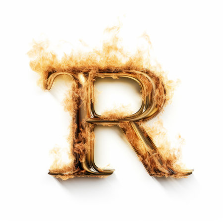 a 3d concept of a capital letter "r" engulfed in burning fire. this flat 3d model showcases a realistic portrayal of light and shadow, with rough textures and explosive pigmentation. the fire effect adds an expressive and emotional touch to the image, resembling an expressionist style. this captivating photo captures attention with its lifelike accuracy and is reminiscent of an associated press photo. ai generatedの素材