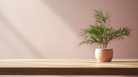 a plant pot sits on a table, with a pink background featuring subtle gradients. the image is in 8k resolution and is reminiscent of the style of makoto shinkai. the pot is light brown and the composition is inspired by the work of clifford coffin. the photo conveys a sense of environmental awareness, with sunrays shining upon the pot. ai generatedの素材