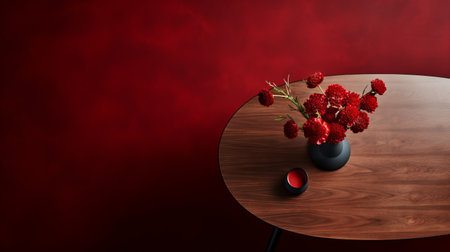 red vases and flowers adorn a wooden table against a striking red wall background. this free photography captures a minimalistic japanese aesthetic with a dark and brooding designer touch. rendered in unreal engine and cinema4d, this indonesian art-inspired image showcases extravagant table settings in stunning 8k resolution. ai generatedの素材