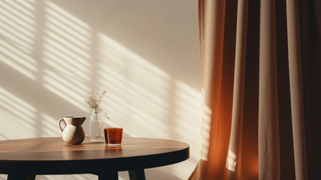 a table adorned with a white vase sits elegantly amidst brown drapes, creating a captivating juxtaposition of light and shadow. this composition exudes a lo-fi aesthetic, with hints of light orange and amber hues reminiscent of japanese photography. sunrays delicately illuminate the scene, adding a touch of ethereal beauty to the soft-focus portraits of delicate minimalism. ai generatedの素材