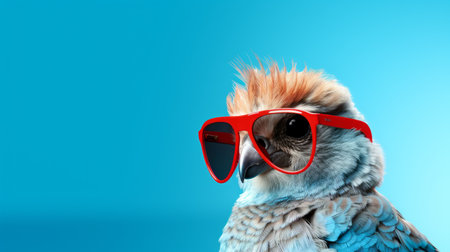 a bird with red glasses, showcasing a solarization effect, exhibits sharp and clever humor in this studio photograph. the vibrant cyan and amber tones, achieved through vray tracing, add an edgy touch to the image. this unique composition seamlessly merges animals and people, creating a visually captivating scene. ai generatedの素材