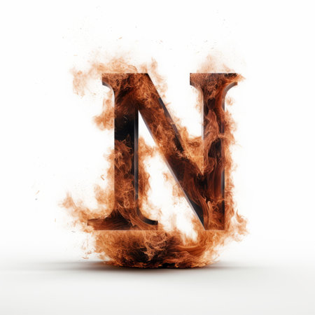 the letter n is depicted in flames in this vector illustration. it is isolated on a white background and created in the style of artists dan witz, annie leibovitz, and matthias haker. the illustration showcases realistic attention to detail, explosive pigmentation, and incorporates a lensbaby effect. this image is available under the creative commons attribution license. ai generatedの素材
