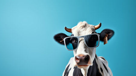 a cow wearing glasses looks down with youthful energy, showcasing a solarization effect. this visual pun combines consumer culture with a dark aquamarine and white color scheme. the cow appears media-savvy and exudes bold saturation, making it an innovator in its own right. ai generatedの素材
