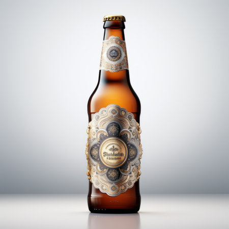 a beer bottle featuring a stunning gold and gold label design, showcasing intricate dotwork and photorealistic renderings. the bottle exudes an air of elegance with its light silver and blue accents, reminiscent of baroque-inspired grandeur. the symmetrical harmony of the design is brought to life through the use of unreal engine, resulting in a captivating display of light brown and white hues. ai generatedの素材