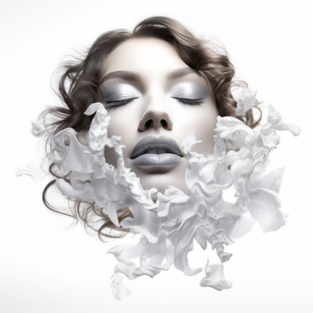 a woman's face, with organic and flowing forms, is captured in a hyper-realistic water style against a white background. the image showcases baroque extravagance and three-dimensional effects, with floral explosions adding a touch of ethereal beauty. the matte photo technique enhances the overall aesthetic of the composition. ai generatedの素材