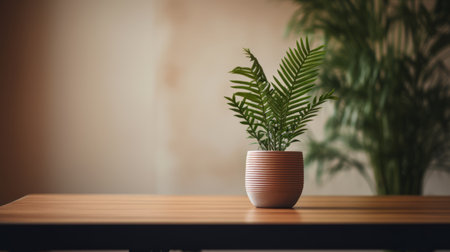 a palm plant, with its vibrant green leaves, is placed on a wooden table, showcasing a clean and simple design. the combination of light orange and dark green hues adds a touch of warmth to the scene. captured using the tokina at-x 11-16mm f/2.8 pro dx ii lens, the photo features soft color blending and a ceramic element. the soft-focus technique and vray tracing enhanceの素材