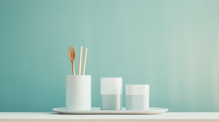 three blue and white trays and two green glasses are neatly stacked on top of each other on a tray. this minimalist kitchen still life showcases a light gray and teal color scheme, creating a visually pleasing background. the realistic hyper-detailed rendering highlights the functionality emphasis of this minimalist graphic designer's style. ai generatedの素材