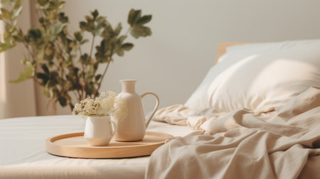 a tray on the bed showcases a collection of plants and flowers, arranged in a soft and soothing color palette of light beige and beige. the image is captured using a soft-focus technique, resulting in a uniformly staged composition. this comfycore-inspired photograph features experimental pottery and is presented in high-definition quality. ai generatedの素材