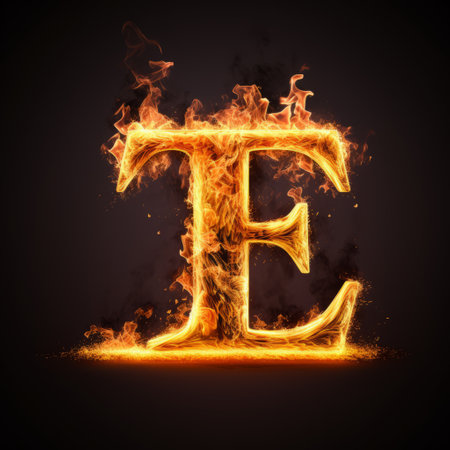 a letter "e" is illuminated in fiery flames against a dark backdrop. this captivating image showcases a fantastic grotesque style with intricate details and explosive pigmentation. it evokes a sense of trapped emotions, reminiscent of an english major's journey through the depths of their studies. the realistic hyper-detail adds depth and intensity to this visually striking composition. ai generatedの素材