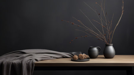 autumn-inspired dark room featuring a wooden table adorned with vases in a black vase. the room exudes a minimalist beauty with its dark gray and brown color scheme, reminiscent of danish design. the empty canvas on the table invites artistic expression, drawing inspiration from traditional japanese techniques. the photograph captures the textured fabrics and showcases the beauty of the dark black and gray tones. aiの素材