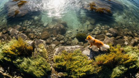 a dog perched on rocky terrain, partially submerged in water, captured in the stunning style of unreal engine 5. the photo showcases a mesmerizing blend of light amber and azure hues, enhanced by vray technology. this national geographic image beautifully combines elements of furry art and naturalistic depictions of flora and fauna, with meticulously rendered shadows adding to its realism. ai generatedの素材