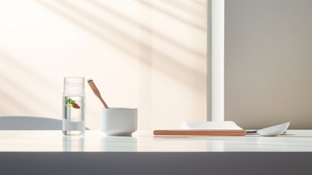 cups placed neatly on a white counter, creating a striking contrast against an isolated background. the composition showcases a unique juxtaposition of objects, exuding a serene and peaceful ambiance. the use of vray tracing and palette knives adds depth and texture to the image. the natural lighting enhances the overall aesthetic, while the sustainable design elements reflect the principles of mingei. ai generatedの素材